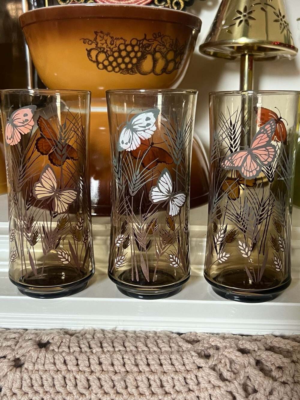 Vintage Butterfly Wheat Glass Tumbler Peach Amber 3pcs